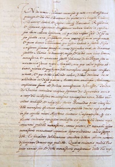 Copia del documento del Archivo de la Corona de Aragón por el que Martín I el Humano recibe el Santo Cáliz.